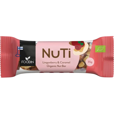 Foodin NUTI, Lingonberry & Caramel, Luomu, 35g Foodin NUTI, Lingonberry & Caramel, Luomu, 35g