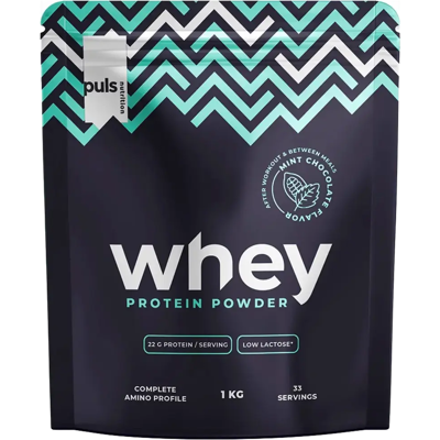 Puls WHEY Minttusuklaan makuinen proteiinijuomajauhe 1kg Puls WHEY Minttusuklaan makuinen proteiinijuomajauhe 1kg
