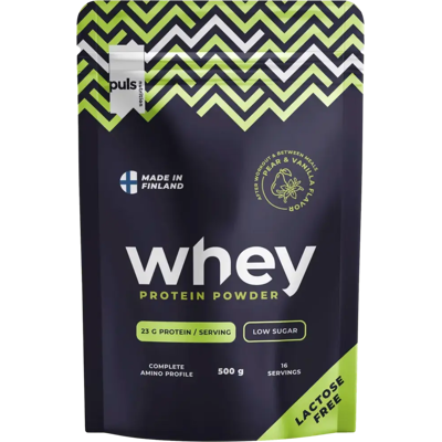 Puls Nutrition WHEY proteiinijauhe Päärynä-vanilja 500g laktoositon kotimainen Puls Nutrition WHEY proteiinijauhe Päärynä-vanilja 500g laktoositon kotimainen
