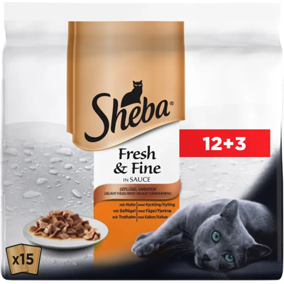 Sheba Fresh&Fine Siipikarjalajitelma kastikkeessa 15x50g Sheba Fresh&Fine Siipikarjalajitelma kastikkeessa 15x50g