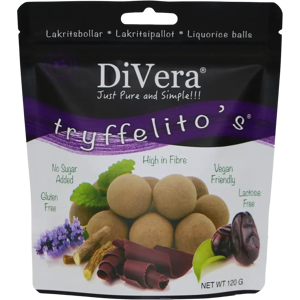 DiVera Just Pure and Simple!!! Tryffelito's raakapallot taatelilla, mantelilla, tummalla suklaalla, lakritsilla ja salmiakilla 120g DiVera Just Pure and Simple!!! Tryffelito's raakapallot taatelilla, mantelilla, tummalla suklaalla, lakritsilla ja salmiakilla 120g
