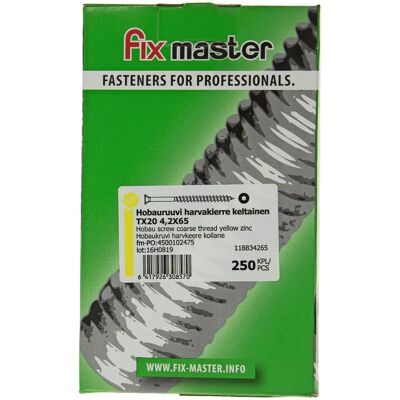 Fix Master hobauruuvi harvakierre keltainen torx20 4,2X65 sinkitty 250kpl Fix Master hobauruuvi harvakierre keltainen torx20 4,2X65 sinkitty 250kpl