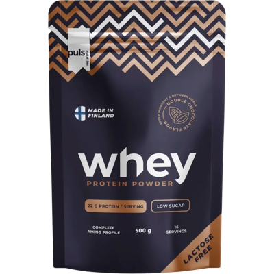 PULS Nutrition WHEY proteiinijauhe tuplasuklaa 500g laktoositon kotimainen PULS Nutrition WHEY proteiinijauhe tuplasuklaa 500g laktoositon kotimainen