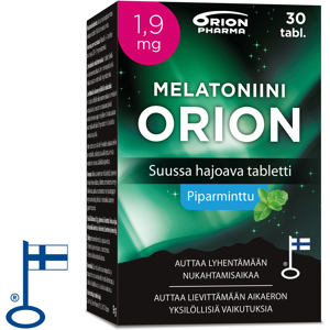 Melatoniini Orion 1,9 mg piparminttu suussa hajoava tabletti 30 tabl Melatoniini Orion 1,9 mg piparminttu suussa hajoava tabletti 30 tabl