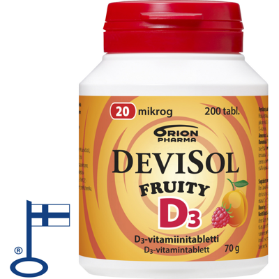 Orion Devisol Fruity 20 mikrog imeskelytabletti 200 kpl Orion Devisol Fruity 20 mikrog imeskelytabletti 200 kpl