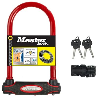 Master Lock 11cm wide hardened steel u-lock with 21cm shackle length; red Master Lock 11cm wide hardened steel u-lock with 21cm shackle length; red
