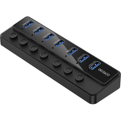 Deltaco USB-A hub, 7x USB-A power switches -hubi, virtalähde sisältyy, Musta Deltaco USB-A hub, 7x USB-A power switches -hubi, virtalähde sisältyy, Musta