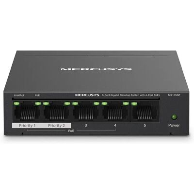 Mercusys MS105GP - 5-porttinen Gigabit PoE+ -pöytäkytkin, musta Mercusys MS105GP - 5-porttinen Gigabit PoE+ -pöytäkytkin, musta