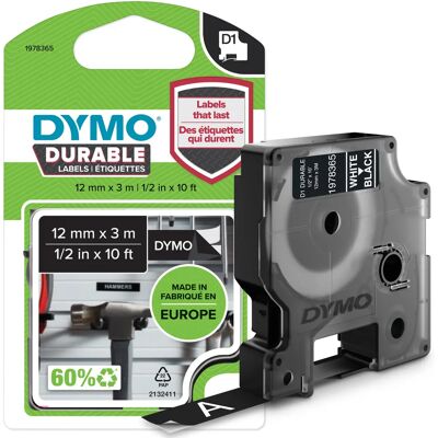 Dymo Durable D1 tape, 12mm, 3m, vit text på svart tejp Dymo Durable D1 tape, 12mm, 3m, vit text på svart tejp