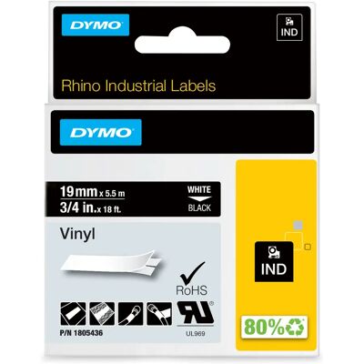 DYMO RhinoPRO 19mm vinyltejp, vit på svart, 5.5m rulle DYMO RhinoPRO 19mm vinyltejp, vit på svart, 5.5m rulle