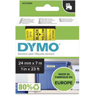 DYMO D1 märktejp standard 24mm, svart på gult, 7m rulle DYMO D1 märktejp standard 24mm, svart på gult, 7m rulle