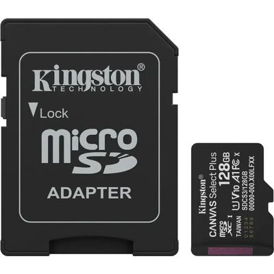 Kingston Canvas Select Plus 128 Gt MicroSDXC UHS-I U1 V10 A1 -muistikortti + SD-adapteri, musta Kingston Canvas Select Plus 128 Gt MicroSDXC UHS-I U1 V10 A1 -muistikortti + SD-adapteri, musta