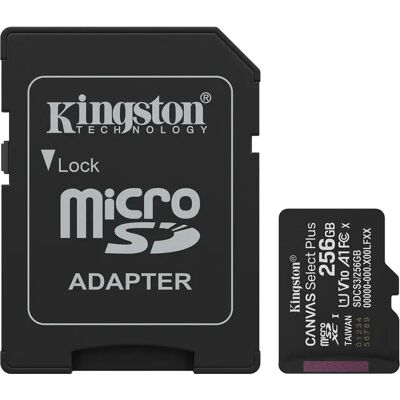 Kingston Canvas Select Plus 256 Gt MicroSDXC UHS-I U1 V10 A1 -muistikortti + SD-adapteri, musta Kingston Canvas Select Plus 256 Gt MicroSDXC UHS-I U1 V10 A1 -muistikortti + SD-adapteri, musta