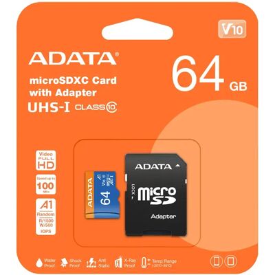 A-DATA Premier 64 Gt MicroSDXC UHS-I U1 V10 A1 -muistikortti + SD-adapteri A-DATA Premier 64 Gt MicroSDXC UHS-I U1 V10 A1 -muistikortti + SD-adapteri