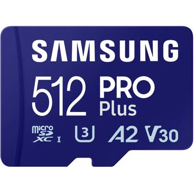 Samsung PRO Plus 512 Gt MicroSDXC UHS-I U3 V30 A2 -muistikortti + USB-kortinlukija, sininen Samsung PRO Plus 512 Gt MicroSDXC UHS-I U3 V30 A2 -muistikortti + USB-kortinlukija, sininen