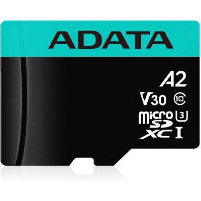 A-DATA Premier Pro 128 Gt MicroSDXC UHS-I U3 V30 A2 -muistikortti + SD-adapteri, musta, sininen A-DATA Premier Pro 128 Gt MicroSDXC UHS-I U3 V30 A2 -muistikortti + SD-adapteri, musta, sininen