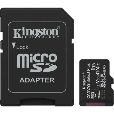Kingston Canvas Select Plus 1 Tt MicroSDXC UHS-I U3 V30 A1 -muistikortti + SD-adapteri, musta Kingston Canvas Select Plus 1 Tt MicroSDXC UHS-I U3 V30 A1 -muistikortti + SD-adapteri, musta