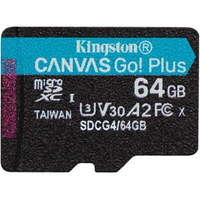 Kingston Canvas Go! Plus Gen4 64 Gt MicroSDXC UHS-I U3 V30 A2 -muistikortti + SD-adapteri Kingston Canvas Go! Plus Gen4 64 Gt MicroSDXC UHS-I U3 V30 A2 -muistikortti + SD-adapteri