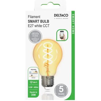 DELTACO SMART HOME FILAMENT LED-lampa, E27, WiFI, 5.5W, 1800K-6500K DELTACO SMART HOME FILAMENT LED-lampa, E27, WiFI, 5.5W, 1800K-6500K