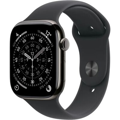 Apple Watch Series 11 (GPS + Cellular) 46 mm liuskekivi titaanikuori ja musta urheiluranneke, S/M Apple Watch Series 11 (GPS + Cellular) 46 mm liuskekivi titaanikuori ja musta urheiluranneke, S/M