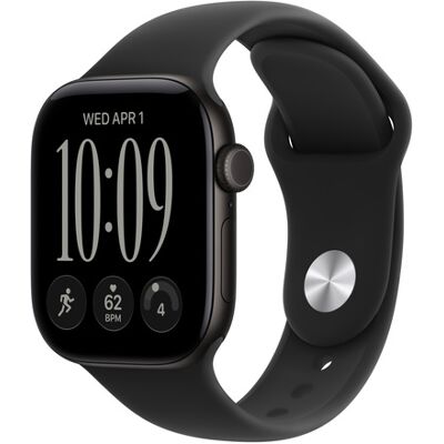 Apple Watch Series 12 (GPS) 42 mm musta alumiinikuori ja musta urheiluranneke, M/L Apple Watch Series 12 (GPS) 42 mm musta alumiinikuori ja musta urheiluranneke, M/L