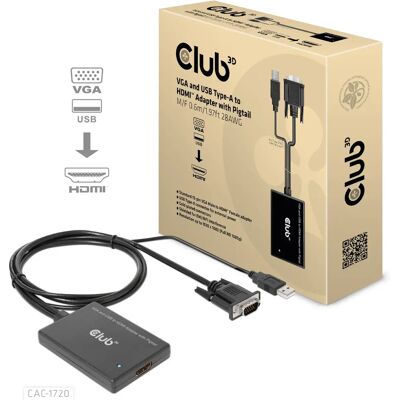 Club 3D VGA + USB-A - HDMI -sovitin, Musta, 0.6m Club 3D VGA + USB-A - HDMI -sovitin, Musta, 0.6m