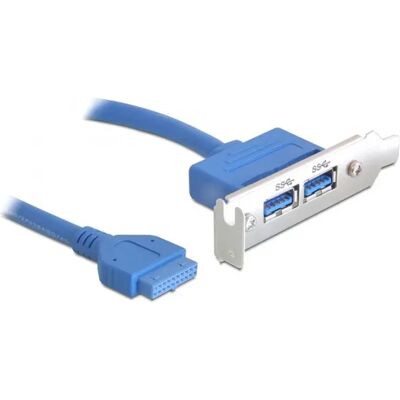 DE-LOCK Delock 82976 Matalaprofiilinen paikkalevy: IDC 20-nastainen uros - 2 x USB 3.0 Type-A naaras, 0,4 metriä, Sininen DE-LOCK Delock 82976 Matalaprofiilinen paikkalevy: IDC 20-nastainen uros - 2 x USB 3.0 Type-A naaras, 0,4 metriä, Sininen