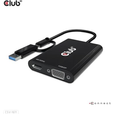 Club 3D 3.1 Gen1 USB-C/-A - Dual HDMI 4K/30Hz VGA 1080/60Hz -adapteri, Musta Club 3D 3.1 Gen1 USB-C/-A - Dual HDMI 4K/30Hz VGA 1080/60Hz -adapteri, Musta