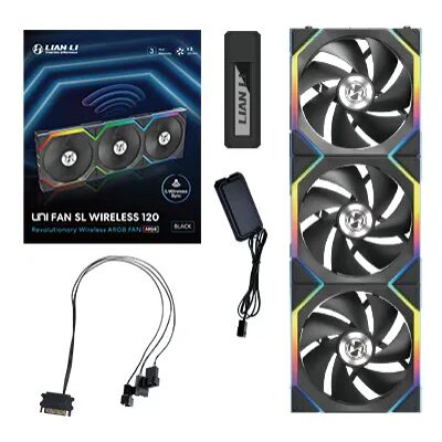 Lian Li UNI FAN SL Wireless PWM ARGB -tuuletinsarja, 120 mm, nestelaakeri, 3 kpl, musta Lian Li UNI FAN SL Wireless PWM ARGB -tuuletinsarja, 120 mm, nestelaakeri, 3 kpl, musta