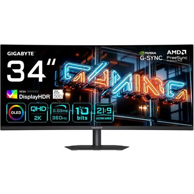 Gigabyte MO34WQC36 EK 34" WQHD, OLED, 360Hz, USB-C hub -kaareva pelinäyttö Gigabyte MO34WQC36 EK 34" WQHD, OLED, 360Hz, USB-C hub -kaareva pelinäyttö