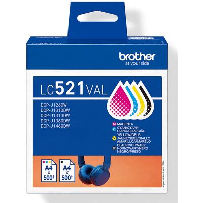 Brother LC521VAL-mustekasettipakkaus, musta, syaani, magenta, keltainen, 4 kpl Brother LC521VAL-mustekasettipakkaus, musta, syaani, magenta, keltainen, 4 kpl