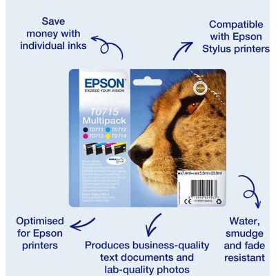 Epson T0715 -mustekasettipakkaus, musta, syaani, magenta, keltainen, 4 kpl Epson T0715 -mustekasettipakkaus, musta, syaani, magenta, keltainen, 4 kpl