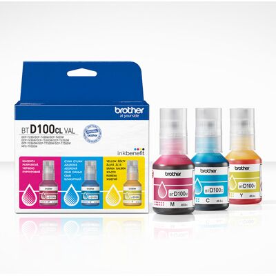 Brother BTD100CLVAL -mustepullopakkaus, 48.8 ml, syaani, magenta, keltainen, 3 kpl Brother BTD100CLVAL -mustepullopakkaus, 48.8 ml, syaani, magenta, keltainen, 3 kpl