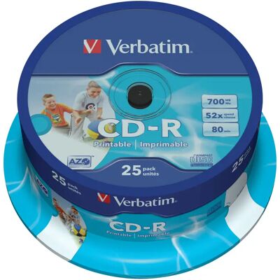 Verbatim CD-R, 52x, 700 MB/80 min, 25-pakkaus, spindle, AZO, printable Verbatim CD-R, 52x, 700 MB/80 min, 25-pakkaus, spindle, AZO, printable