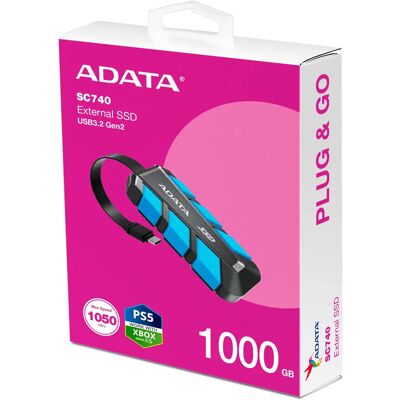 ADATA A-DATA SC740 1 Tt USB 3.2 Gen 2 (USB-C) -ulkoinen SSD, kannettava, iskunkestävä, pelikäyttöön, musta, sininen ADATA A-DATA SC740 1 Tt USB 3.2 Gen 2 (USB-C) -ulkoinen SSD, kannettava, iskunkestävä, pelikäyttöön, musta, sininen