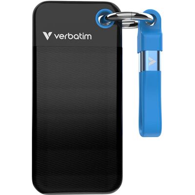Verbatim Pocket SSD 256 Gt USB 3.2 Gen 2 (USB-C) -ulkoinen SSD, iskunkestävä, kannettava, musta/sininen Verbatim Pocket SSD 256 Gt USB 3.2 Gen 2 (USB-C) -ulkoinen SSD, iskunkestävä, kannettava, musta/sininen