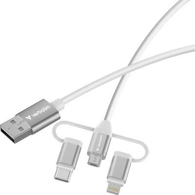 Verbatim Essentials 3-in-1 Sync & Charge USB-A - Micro-B, USB-C, Lightning (1 m) - Lataus- ja synkronointikaapeli, valkoinen Verbatim Essentials 3-in-1 Sync & Charge USB-A - Micro-B, USB-C, Lightning (1 m) - Lataus- ja synkronointikaapeli, valkoinen