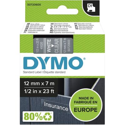 DYMO D1 märktejp standard 12mm, vit på klar, 7m rulle DYMO D1 märktejp standard 12mm, vit på klar, 7m rulle