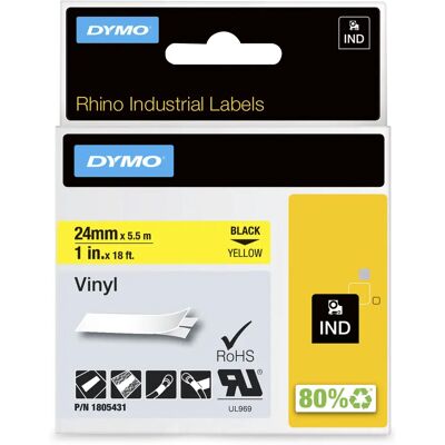 DYMO RhinoPRO 24mm vinyltejp, svart på gul, 5.5m rulle DYMO RhinoPRO 24mm vinyltejp, svart på gul, 5.5m rulle