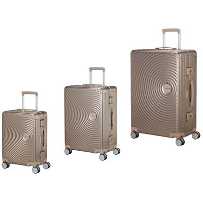 AMERICAN TOURISTER Soundbox 3-osainen trolley -matkalaukkusarja, anodisoitu alumiini, alu bronze AMERICAN TOURISTER Soundbox 3-osainen trolley -matkalaukkusarja, anodisoitu alumiini, alu bronze