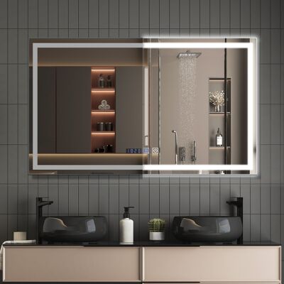 NETTLIFE valaistu kylpyhuoneen peili - 100x60 cm LED, IP44 kosketuskytkin, huurteenpoistokello, säädettävä NETTLIFE valaistu kylpyhuoneen peili - 100x60 cm LED, IP44 kosketuskytkin, huurteenpoistokello, säädettävä