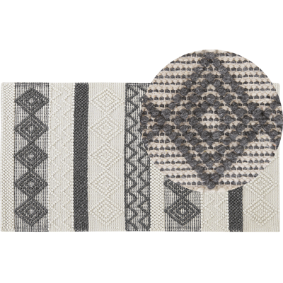 Beige ja Harmaa Villamatto - 80x150cm - Käsin Kudottu Geometrinen Kuviota - Boho Tyyli Beige ja Harmaa Villamatto - 80x150cm - Käsin Kudottu Geometrinen Kuviota - Boho Tyyli