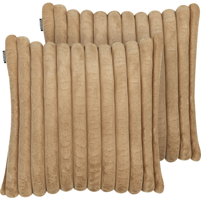 Beliani Koristetyynysetti 2 kpl RAKYA keinoturkis 45 x 45 cm Vaaleanruskea Raitakuvio Beliani Koristetyynysetti 2 kpl RAKYA keinoturkis 45 x 45 cm Vaaleanruskea Raitakuvio