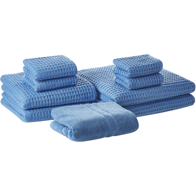 Beliani Sinisen väriset puuvillaiset 9 pyyhkeen setti - Kylpyhuone ja vieraat - 345g/m² Beliani Sinisen väriset puuvillaiset 9 pyyhkeen setti - Kylpyhuone ja vieraat - 345g/m²