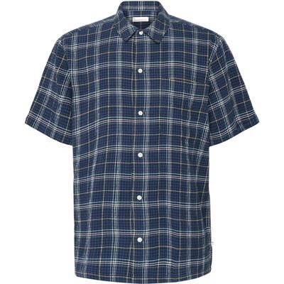 KnowledgeCotton Apparel Box Fit Seersucker Short Sleeved Shirt Blue Check - S S KnowledgeCotton Apparel Box Fit Seersucker Short Sleeved Shirt Blue Check - S S