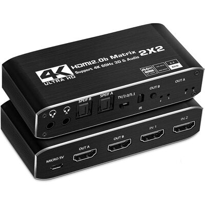 NÖRDIC HDMI Matrix -kytkin 2X2 irroittimella 4K60Hz RGB 8:8:8 18Gbps 3D HDR HDCP2.2 NÖRDIC HDMI Matrix -kytkin 2X2 irroittimella 4K60Hz RGB 8:8:8 18Gbps 3D HDR HDCP2.2