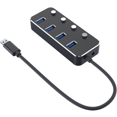 NÖRDIC-virtalähde 4-porttinen hub USB 3.0 5Gbps yksittäisellä kytkimellä 25cm kaapeli alumiinimusta virtalähteellä NÖRDIC-virtalähde 4-porttinen hub USB 3.0 5Gbps yksittäisellä kytkimellä 25cm kaapeli alumiinimusta virtalähteellä