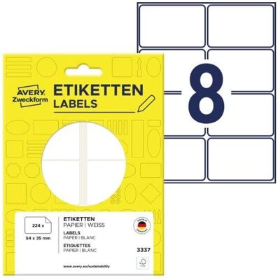 Avery 3337, Valkoinen, Pyöristetty suorakulmio, 54 x 35 mm, Universaali, Paperi, 8 kpl Avery 3337, Valkoinen, Pyöristetty suorakulmio, 54 x 35 mm, Universaali, Paperi, 8 kpl