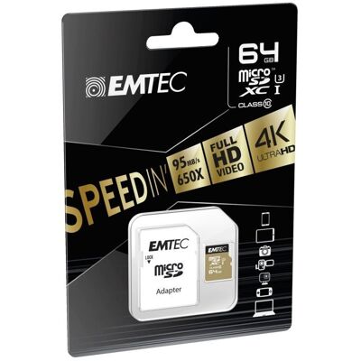 Emtec ECMSDM64GXC10SP, 64 GB, MicroSDXC, Luokka 10, 95 MB/s, 90 MB/s, Musta, Ruskea Emtec ECMSDM64GXC10SP, 64 GB, MicroSDXC, Luokka 10, 95 MB/s, 90 MB/s, Musta, Ruskea