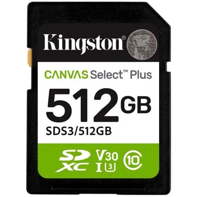 Kingston Technology 512 Gt SDXC Canvas Select Plus Gen3 150 Mt/s C10 UHS-I U3 V30, 512 GB, SD, Luokka 10, UHS-I, 150 MB/s, Class 3 (U3) Kingston Technology 512 Gt SDXC Canvas Select Plus Gen3 150 Mt/s C10 UHS-I U3 V30, 512 GB, SD, Luokka 10, UHS-I, 150 MB/s, Class 3 (U3)